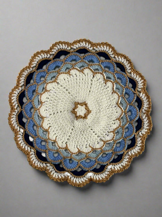 Crochet Doily Table Centerpiece – White, Blue & Gold