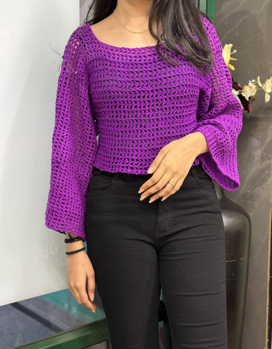 Handmade Purple Crochet Bell Sleeve Top – Boho